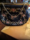 Vintage Black Floral Needlepoint   Tapestry Evening Handbag Goldtone Frame Clasp