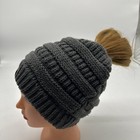 C c Beanietail Grey Cable Knit Messy Bun Ponytail Beanie Hat Soft Stretch Osfm