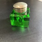 Vintage 30s Emerald Green Glass Faceted Inkwell Hinged Silver Metal Top Art Deco