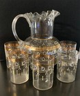 Antique Hand Painted Pitcher W 5 Glasses Hand Blown Reed Applied Handle  Pontil