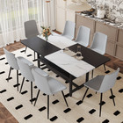 White Black Spliced Dining Table Set With 8 Light Gray Linen Chairs And Storage