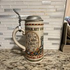 German Lidded Beer Stein W  Hinged Pewter Lid  wirtshaus Zur Deutschen Linde 