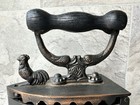 Antique Vintage Cast Iron Charcoal Sad Iron Press Wood Handle Rooster Latch