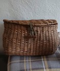 Vintage Wicker Fishing Creel Trout Basket Leather Strap Wooden Toggle