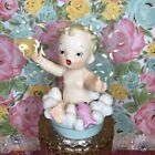 Vtg A Fine Quality Baby Taking Bubble Bath In Blue Tub Pink Fish Figurine Japan