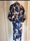 Blue Silk Satin Kimono Robe  Floral Print  Tie Belt  Os Unisex Made In Japan