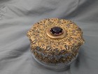 Antique Gold Filigree Ormolu Vanity Powder Pressed Glass Jar W faux Jewel Lid