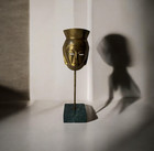 Vintage Asian Male Brass Gold Head Face Mask With Marble Base 12    Tall