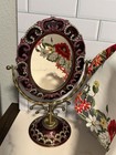 Vtg Ornate Victorian Jeweled Tilting Mirror Table Top Vanity With Brass 