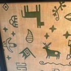 Vintage Fabric Piece Framed Wall Art Green Prehistoric Cave Art     Petroglyph