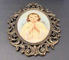 Vintage Victorian Ornate Brass Picture Frame Bubble Glass 13    Girl Praying