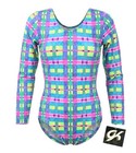 Gk Elite Vtg 90s Hot Pink Pastel Plaid Ls Gymnastics Leotard Bodysuit As Adult S
