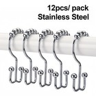 12 Pack Metal Shower Curtain Hooks Rings Double Glide Roller Set For Bathroom 