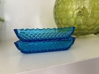 Vintage Mid Century Pair Of Turquoise Glass Trinket Dishes Indiana Diamond Point