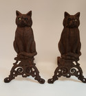 Antique Cast Iron Sitting Cat Andirons Pair Green Marble Eyes Figural Eyes Glow