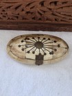 Vintage Camel Bone Inlaid Brass Hinged Oval Lined Trinket Box With Latch 1970s