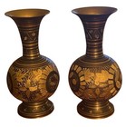 Vintage Solid Brass Vase Pair Black   Gold Etched Highly Detailed Pretty Decore