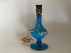 Rare Antique French Art Deco Hand Painted Floral Blue Glass Opaline Table Lamp