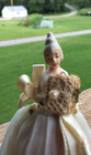 Antique German Porcelain Half Doll Pincushion   Pearl  Satin Ribbons  A Cross