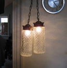 Vtg Double Hanging Light Fixture Clear Glass Swag Lamp Hollywood Regency