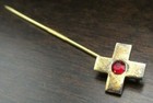 Beautiful Vintage Gilt Sterling Silver   Red Rhinestone Cross Pin