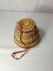 Vintage African Coiled Basket Purse Leather Straps Lidded Bolga Style Ghana