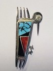 Zuni Vintage Roadrunner Turquoise  Coral  Onyx Pin With Pendant Ring  Signed