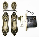 Antique Door Set Victorian   Eastlake Backplate Knob Mortise Lock Key Reclaimed