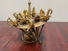 12 Vintage Spanish Toledo Brass Sword Cocktail Picks   Stand Set - Enamel Detail