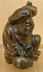 Japanese Meiji Wood Lacquer Netsuke - Daikoku W  Cat   Hammer  Signed