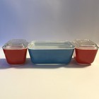 Vtg Pyrex    fridgies    Set 3 Refrigerator Dishes 2 Red 501   Turquoise 502 W lids