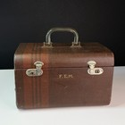 Vintage 1940s Brown Striped Train Case F e m  Initials Hard Small Suitcase