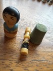 Vintage Kokeshi Doll Travel Sewing Kit - 3-pc Wood Hand Painted Japan Thimble