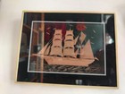 Antique Cork Ship Picture Framed Nautical Folk Art Boat Scene 17x13cm