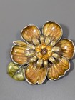 Brown Enamel Rhinestone Large Flower Brooch Pin Coastal Boho