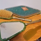 Vintage Green Art Deco Celluloid Vanity Set Mirror Brush Tray Floral Design