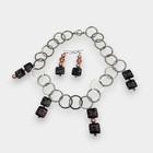Black Pink Swirl Glass Bead Necklace Earrings Set Hammered Silver Tone Chain 16 