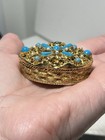 Vintage Mini Jewelry Trinket Box Gold Tone Turquoise And Pearl Top Filigree