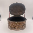 Oval Chinese Bamboo Basket Rectangular Base Lid With Metal Closure Boho Shabby