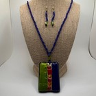 Glass Pendent Necklace   Earring Set Green  Blue Seed Bead