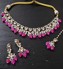 Gold Tone Jewelry Set Necklace   Earrings Clear Teardrop Crystal Pearl