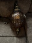 Vintage Mcm Optic Amber Glass Double Hanging Swag Lamp With Bronze Accents
