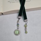 Handmade Dark Green Velvet Ribbon Silver Beaded Bookmark Charm Book Mark Gift