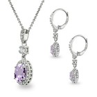 Oval-cut Amethyst Halo Sterling Silver Pendant Necklace   Leverback Earrings Set
