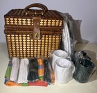 Vintage Wicker Picnic Basket Set For 4 Plastic Plates Cups Silverware Tablecloth