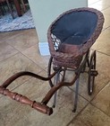 Vtg  Wicker Wood Stroller Canvas Pram Doll Baby Carriage Buggy  L 23  H 16  W9 