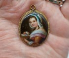 Antique Hand Painted Porcelain Portrait Pendant Lovely Girl Black Glass Reverse