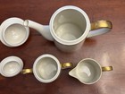 Vintage Fitz And Floyd Palais Buff Coffee Pot Creamer Sugar Bowl Set Gold Trim