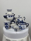 Vintage Soviet Gzhel Blue   White Porcelain Tea Set Ussr 7 Pc Hand Painted Ussr