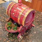 Antique Ornate Paintedred Oak Brass Banded Whiskey Casket W 6 Shot Glasses stand